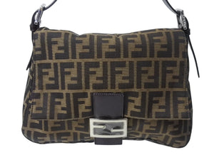 極美品 FENDI フェンディ マンマバケット ショルダーバッグ ズッカ柄 ブラウン コットンキャンバス レザー シルバー金具 中古 4b003682