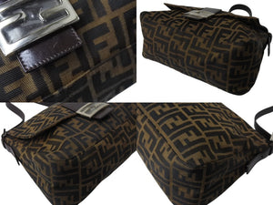 極美品 FENDI フェンディ マンマバケット ショルダーバッグ ズッカ柄 ブラウン コットンキャンバス レザー シルバー金具 中古 4b003682
