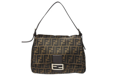 FENDI フェンディ マンマバケット ショルダーバッグ ズッカ柄 コットンキャンバス レザー ブラウン シルバー金具 美品 中古 4b003683