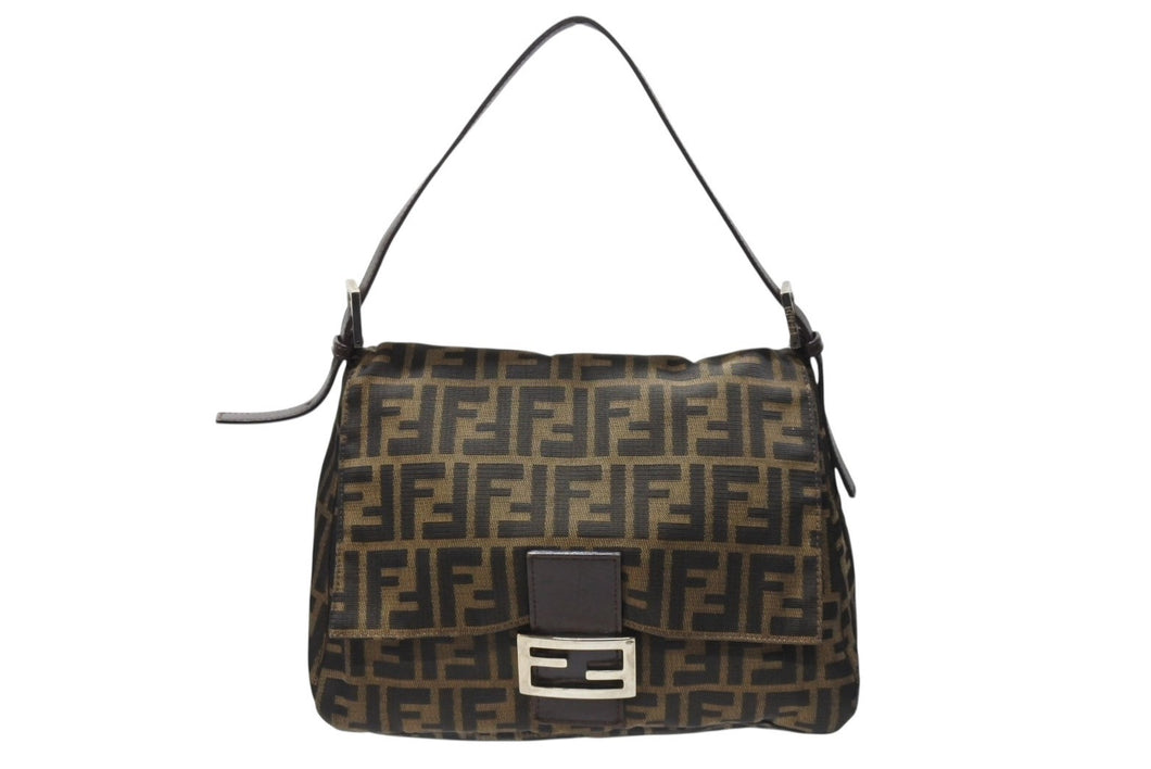 FENDI フェンディ マンマバケット ショルダーバッグ ズッカ柄 コットンキャンバス レザー ブラウン シルバー金具 美品 中古 4b003683