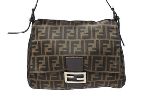 FENDI フェンディ マンマバケット ショルダーバッグ ズッカ柄 コットンキャンバス レザー ブラウン シルバー金具 美品 中古 4b003683