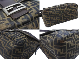 FENDI フェンディ マンマバケット ショルダーバッグ ズッカ柄 コットンキャンバス レザー ブラウン シルバー金具 美品 中古 4b003683