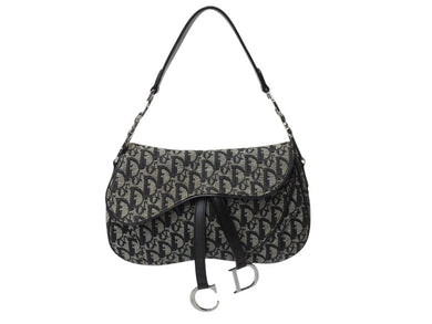 Christian Dior クリスチャンディオール トロッター ワンショルダーバッグ サドルバッグ SL044002 キャンバス レザー グレー ネイビー 美品 中古 4b003685