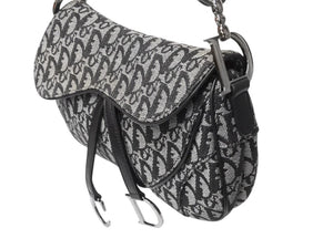 Christian Dior クリスチャンディオール トロッター ワンショルダーバッグ サドルバッグ SL044002 キャンバス レザー グレー ネイビー 美品 中古 4b003685