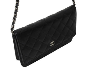 極美品 CHANEL シャネル チェーンウォレット 長財布 AP0250 27番台 ココマーク キャビアスキン ブラック シルバー金具 中古 4b003700