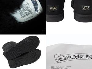 極美品 CHROME HEARTS クロムハーツ UGG アグ ムートン ブーツ CHクロス シープスキン シルバー925 ブラック サイズ26cm 中古 4b003715 