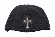 画像をギャラリービューアに読み込む, CHROME HEARTS クロムハーツ ラージクロス ビーニー ニット帽 カシミヤ シルバー925 カーフレザー ブラック ONE SIZE 美品 中古 4b003722 