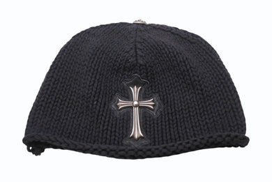CHROME HEARTS クロムハーツ ラージクロス ビーニー ニット帽 カシミヤ シルバー925 カーフレザー ブラック ONE SIZE 美品 中古 4b003722 