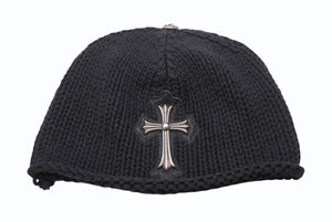 CHROME HEARTS クロムハーツ ラージクロス ビーニー ニット帽 カシミヤ シルバー925 カーフレザー ブラック ONE SIZE 美品 中古 4b003722 