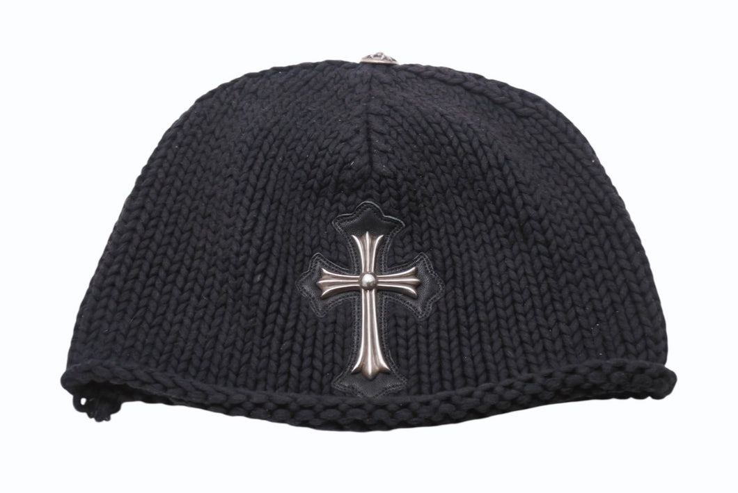 CHROME HEARTS クロムハーツ ラージクロス ビーニー ニット帽 カシミヤ シルバー925 カーフレザー ブラック ONE SIZE 美品 中古 4b003722 