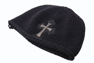 CHROME HEARTS クロムハーツ ラージクロス ビーニー ニット帽 カシミヤ シルバー925 カーフレザー ブラック ONE SIZE 美品 中古 4b003722 