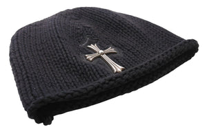 CHROME HEARTS クロムハーツ ラージクロス ビーニー ニット帽 カシミヤ シルバー925 カーフレザー ブラック ONE SIZE 美品 中古 4b003722 