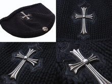 画像をギャラリービューアに読み込む, CHROME HEARTS クロムハーツ ラージクロス ビーニー ニット帽 カシミヤ シルバー925 カーフレザー ブラック ONE SIZE 美品 中古 4b003722 
