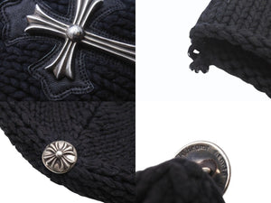 CHROME HEARTS クロムハーツ ラージクロス ビーニー ニット帽 カシミヤ シルバー925 カーフレザー ブラック ONE SIZE 美品 中古 4b003722 