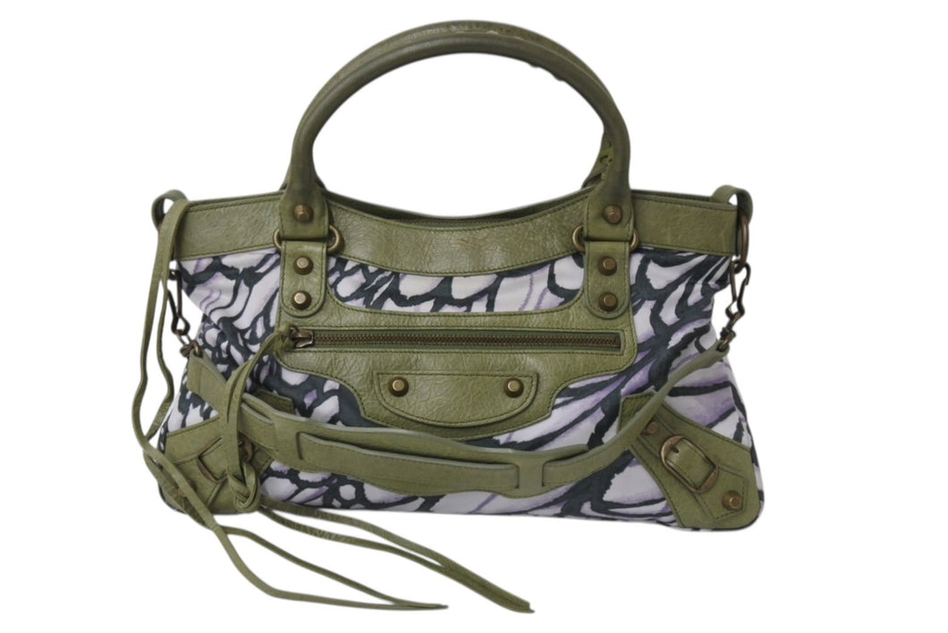 BALENCIAGA バレンシアガ 花柄 The City ザシティ 2WAY ハンドバッグ レザー ナイロン グリーン ワンショルダー 良品 中古 4b003730