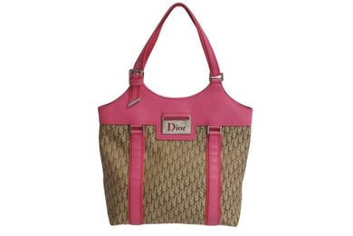 Christian Dior クリスチャンディオール ハンドバッグ トロッター ロゴプレート 09-BO-0095 カーキ ピンク キャンバス レザー 美品 中古 4b003736