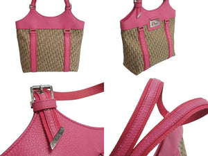 Christian Dior クリスチャンディオール ハンドバッグ トロッター ロゴプレート 09-BO-0095 カーキ ピンク キャンバス レザー 美品 中古 4b003736