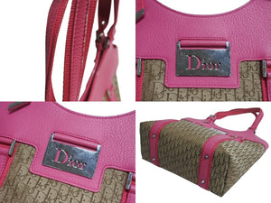 Christian Dior クリスチャンディオール ハンドバッグ トロッター ロゴプレート 09-BO-0095 カーキ ピンク キャンバス レザー 美品 中古 4b003736
