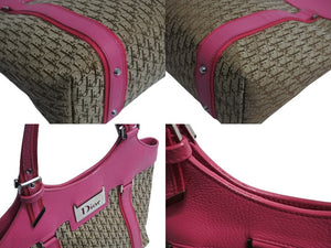 Christian Dior クリスチャンディオール ハンドバッグ トロッター ロゴプレート 09-BO-0095 カーキ ピンク キャンバス レザー 美品 中古 4b003736