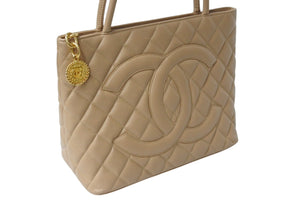 CHANEL シャネル 復刻トート 7番台 ハンドバッグ A01804 ココマーク キャビアスキン ベージュ ゴールド金具 美品 中古 4b003747