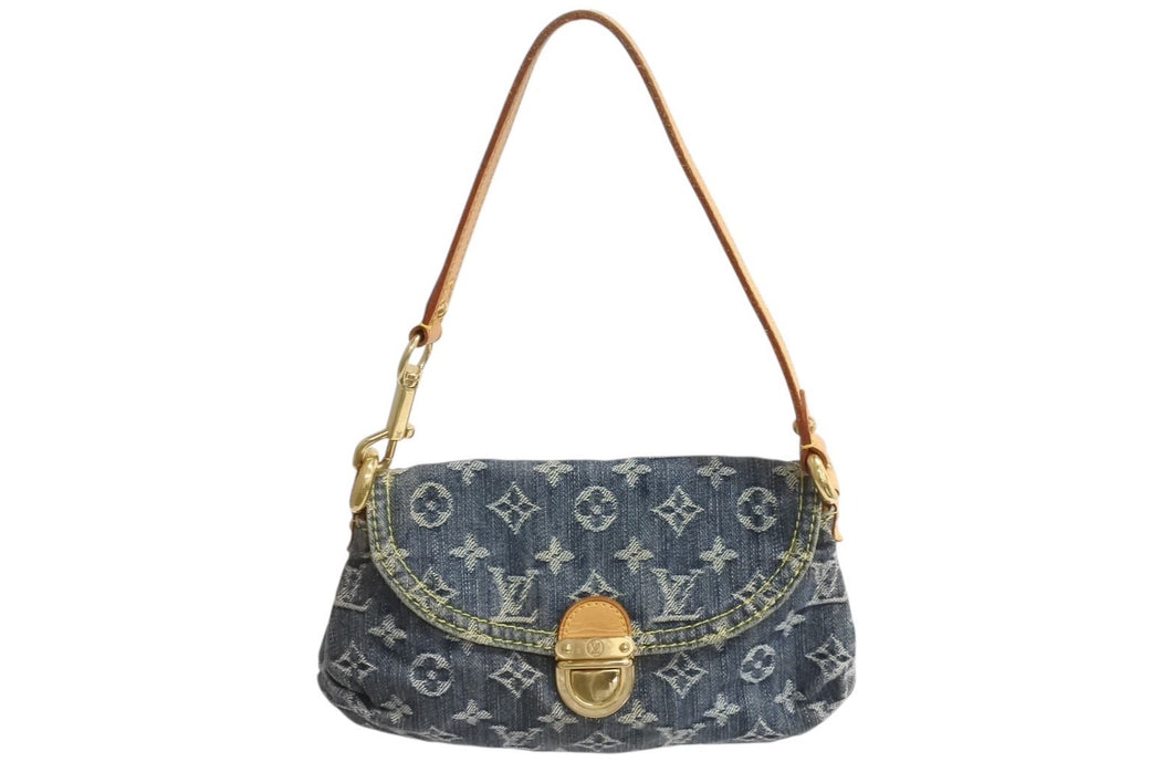 LOUIS VUITTON ルイヴィトン ミニプリーティ ワンショルダーバッグ M95050 モノグラム デニム レザー ゴールド金具 美品 中古 4b003750