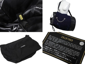 極美品 CHANEL シャネル ドローストリングス ショルダーバッグ A57519 26番台 ココマーク ウール レザー ネイビー ブラック 巾着型 中古 4b003756