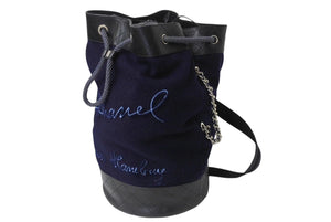 極美品 CHANEL シャネル ドローストリングス ショルダーバッグ A57519 26番台 ココマーク ウール レザー ネイビー ブラック 巾着型 中古 4b003756
