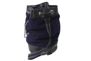 極美品 CHANEL シャネル ドローストリングス ショルダーバッグ A57519 26番台 ココマーク ウール レザー ネイビー ブラック 巾着型 中古 4b003756