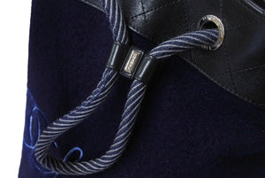極美品 CHANEL シャネル ドローストリングス ショルダーバッグ A57519 26番台 ココマーク ウール レザー ネイビー ブラック 巾着型 中古 4b003756