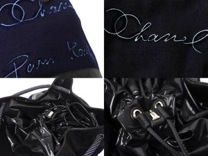 極美品 CHANEL シャネル ドローストリングス ショルダーバッグ A57519 26番台 ココマーク ウール レザー ネイビー ブラック 巾着型 中古 4b003756