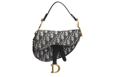 極美品 Christian Dior クリスチャンディオール サドルバッグ ハンドバッグ オブリーク キャンバス レザー ネイビー ゴールド金具 中古 4b003760