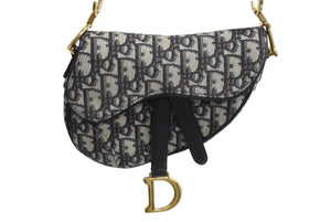 極美品 Christian Dior クリスチャンディオール サドルバッグ ハンドバッグ オブリーク キャンバス レザー ネイビー ゴールド金具 中古 4b003760