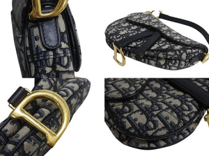 極美品 Christian Dior クリスチャンディオール サドルバッグ ハンドバッグ オブリーク キャンバス レザー ネイビー ゴールド金具 中古 4b003760