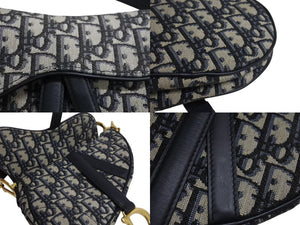極美品 Christian Dior クリスチャンディオール サドルバッグ ハンドバッグ オブリーク キャンバス レザー ネイビー ゴールド金具 中古 4b003760