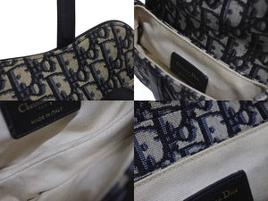 極美品 Christian Dior クリスチャンディオール サドルバッグ ハンドバッグ オブリーク キャンバス レザー ネイビー ゴールド金具 中古 4b003760