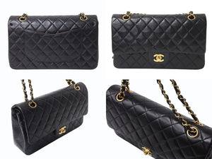 極美品 CHANEL シャネル マトラッセ25 Wフラップ Wチェーンショルダーバッグ 6番台 ラムスキン ココマーク ブラック ゴールド金具 中古 4b003761