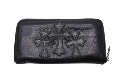 CHROME HEARTS クロムハーツ REC ZIP 3クロス ラウンドジップ レザーウォレット 長財布 ブラック シルバー 美品 中古 4b003775 