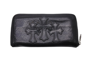 CHROME HEARTS クロムハーツ REC ZIP 3クロス ラウンドジップ レザーウォレット 長財布 ブラック シルバー 美品 中古 4b003775 