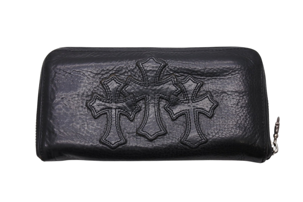CHROME HEARTS クロムハーツ REC ZIP 3クロス ラウンドジップ レザーウォレット 長財布 ブラック シルバー 美品 中古 4b003775 