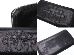 CHROME HEARTS クロムハーツ REC ZIP 3クロス ラウンドジップ レザーウォレット 長財布 ブラック シルバー 美品 中古 4b003775 