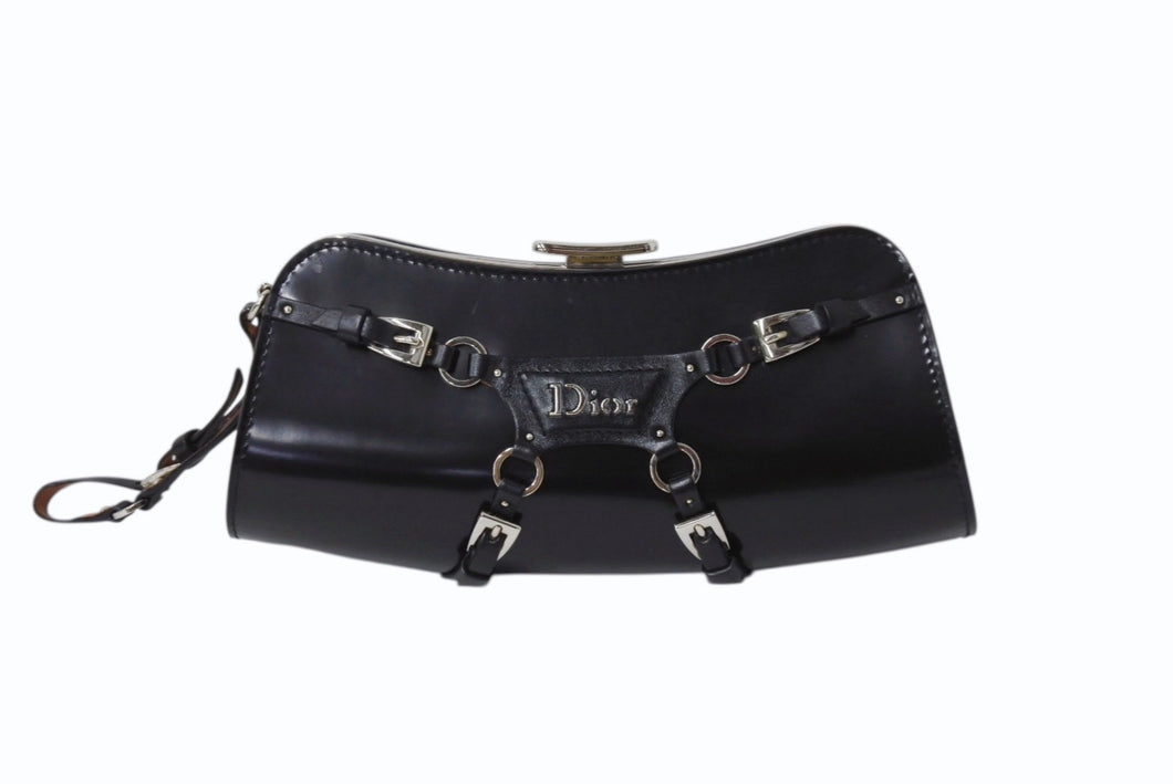 極美品 Christian Dior クリスチャンディオール ボンテージ クラッチバッグ 03BM-0063 ブラック ガリアーノ期 シルバー金具 中古 4b003778