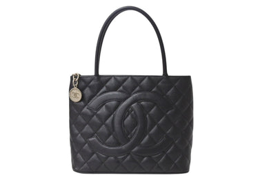 CHANEL シャネル 復刻トートバッグ ハンドバッグ 6番台 キャビアスキン ブラック ココマーク ロゴ 鞄 シルバー金具 美品 中古 4b003785