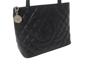 CHANEL シャネル 復刻トートバッグ ハンドバッグ 6番台 キャビアスキン ブラック ココマーク ロゴ 鞄 シルバー金具 美品 中古 4b003785