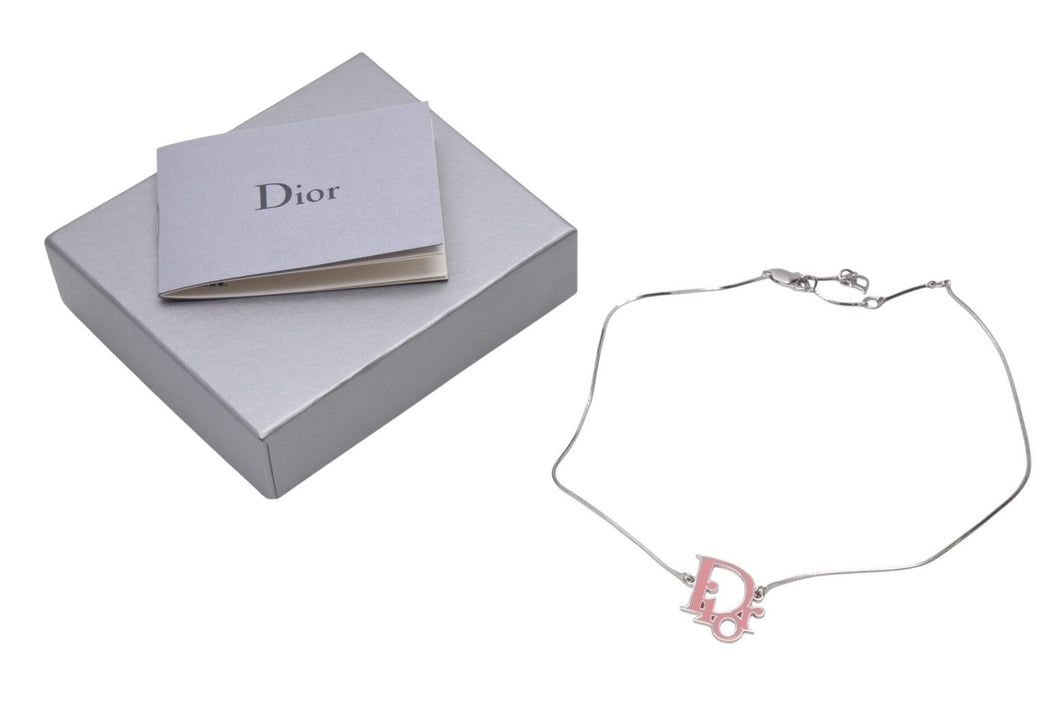 極美品 Christian Dior クリスチャンディオール diorロゴ CD ピンクトロッタープレート ネックレス メタル ピンク シルバー 中古 4b003826