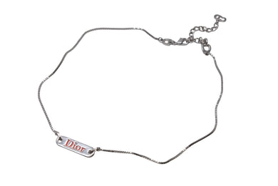 極美品 CHRISTIAN DIOR クリスチャンディオール ネックレス ロゴプレート ベネチアンチェーン メタル シルバー レッド 7.2g 中古 4b003830