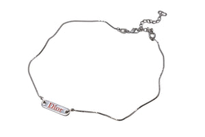 極美品 CHRISTIAN DIOR クリスチャンディオール ネックレス ロゴプレート ベネチアンチェーン メタル シルバー レッド 7.2g 中古 4b003830