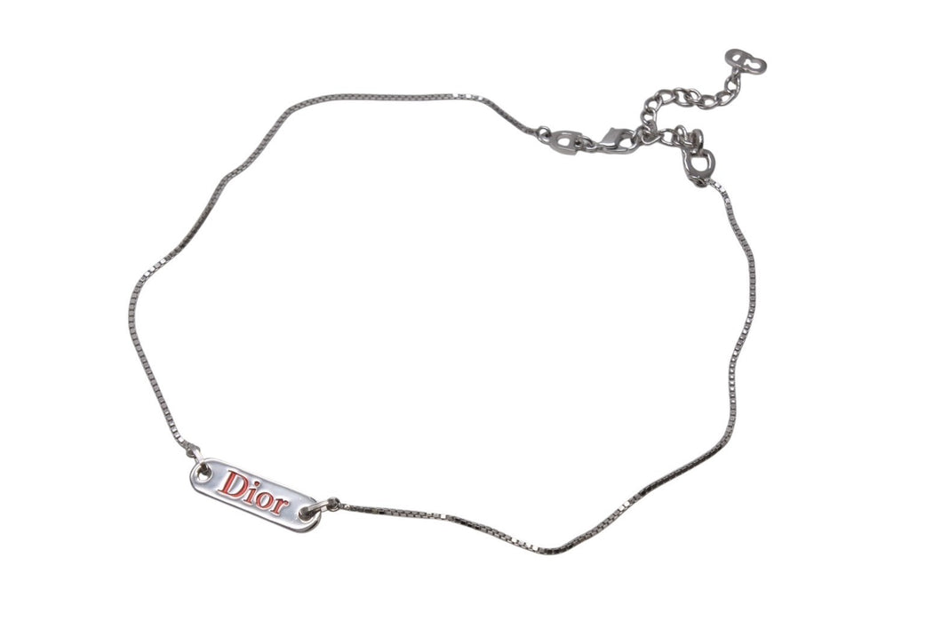 極美品 CHRISTIAN DIOR クリスチャンディオール ネックレス ロゴプレート ベネチアンチェーン メタル シルバー レッド 7.2g 中古 4b003830