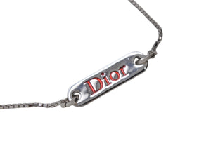 極美品 CHRISTIAN DIOR クリスチャンディオール ネックレス ロゴプレート ベネチアンチェーン メタル シルバー レッド 7.2g 中古 4b003830