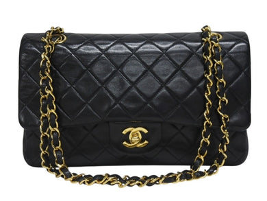 極美品 CHANEL シャネル マトラッセ25 Wフラップ Wチェーンショルダーバッグ 1番台 ラムスキン ココマーク ブラック 中古 4b003834