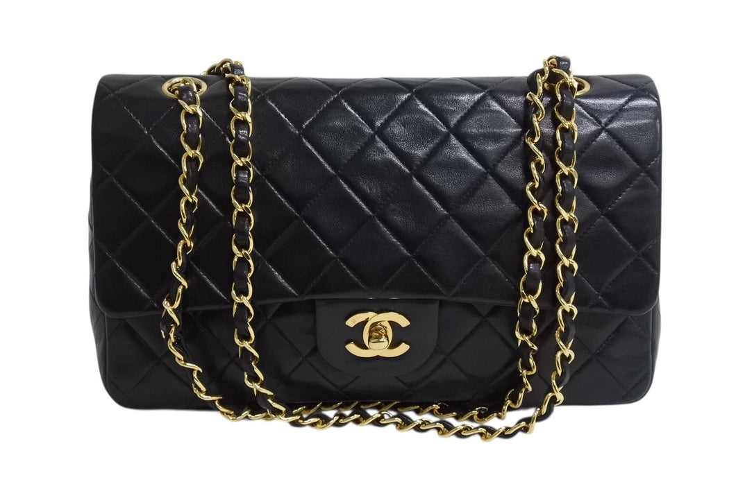 極美品 CHANEL シャネル マトラッセ25 Wフラップ Wチェーンショルダーバッグ 2番台 ラムスキン ココマーク ブラック ゴールド金具 中古 4b003836